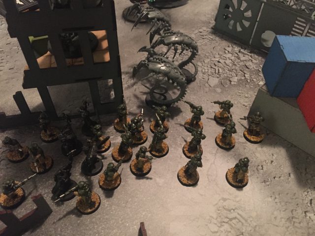 Guardsmen Melee Blob before the charge into the 3 Necron Wraiths