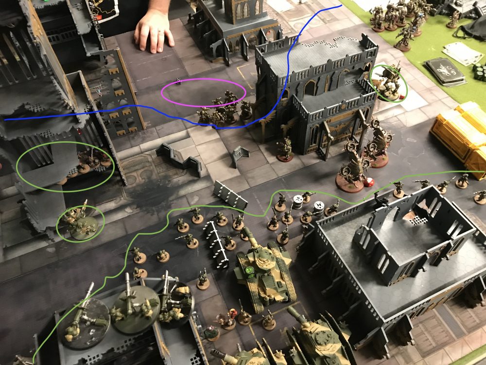 Green are AM units. Blue is where the Death Guard could deploy. Pink is where the Terminators deployed