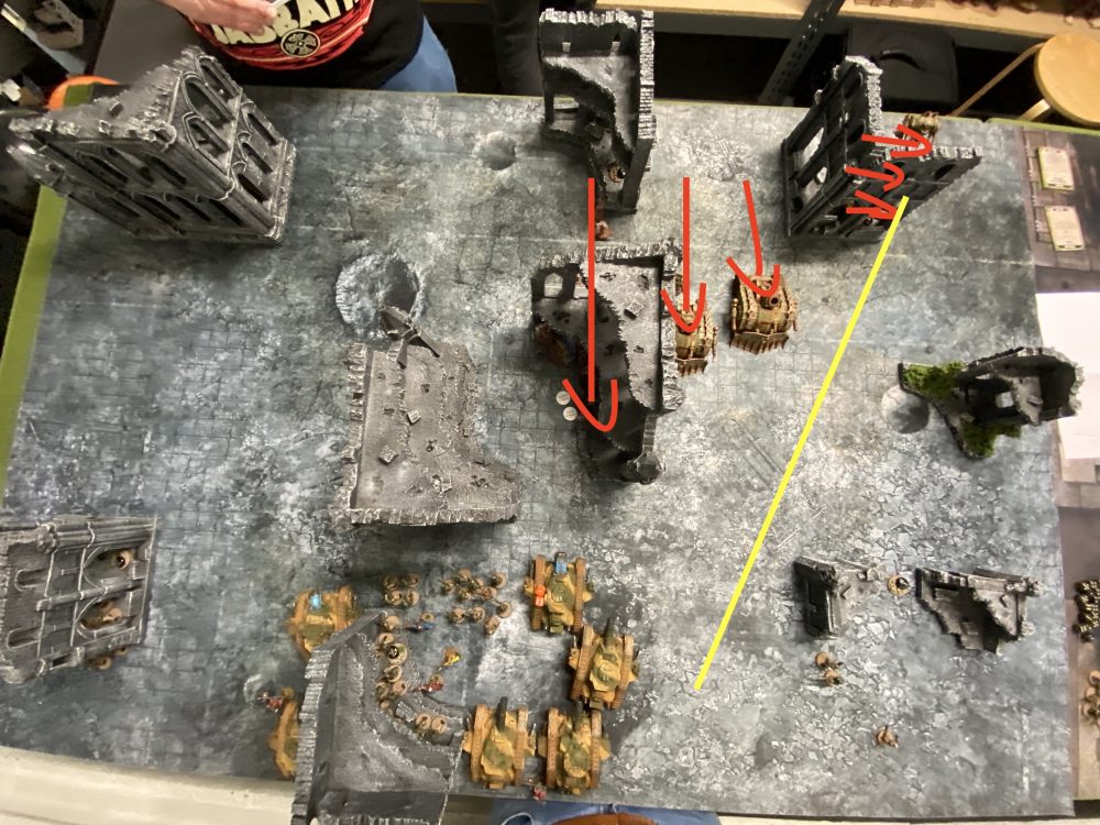 Red is the Death Guard movement and the yellow shows the line-of-sign they had to my now dead Exterminator Leman Russ