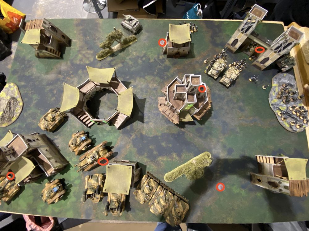 Deployment Overview - Objective Markers are shown in red - Astra Militarum vs Astra Militarum