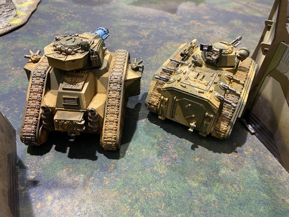 Tank Commander and Chimera going up the left flank - Astra Militarum vs Astra Militarum